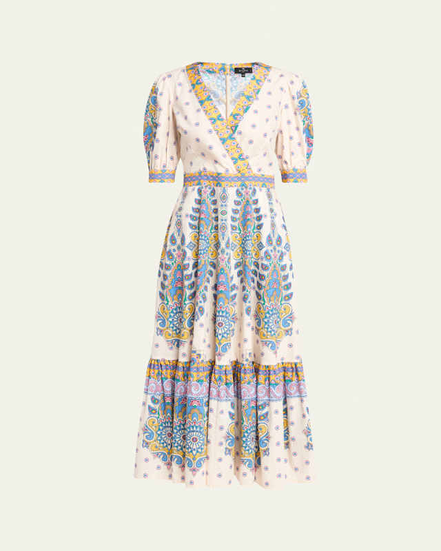 Paisley-Print Puff-Sleeve Midi Dress
